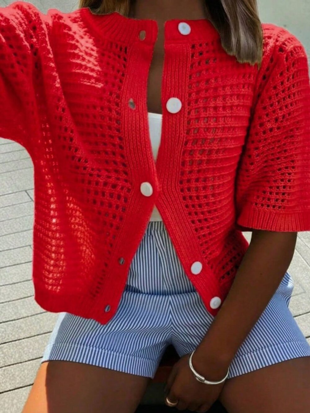 Bright Red Casual Women's button down knit cardigan